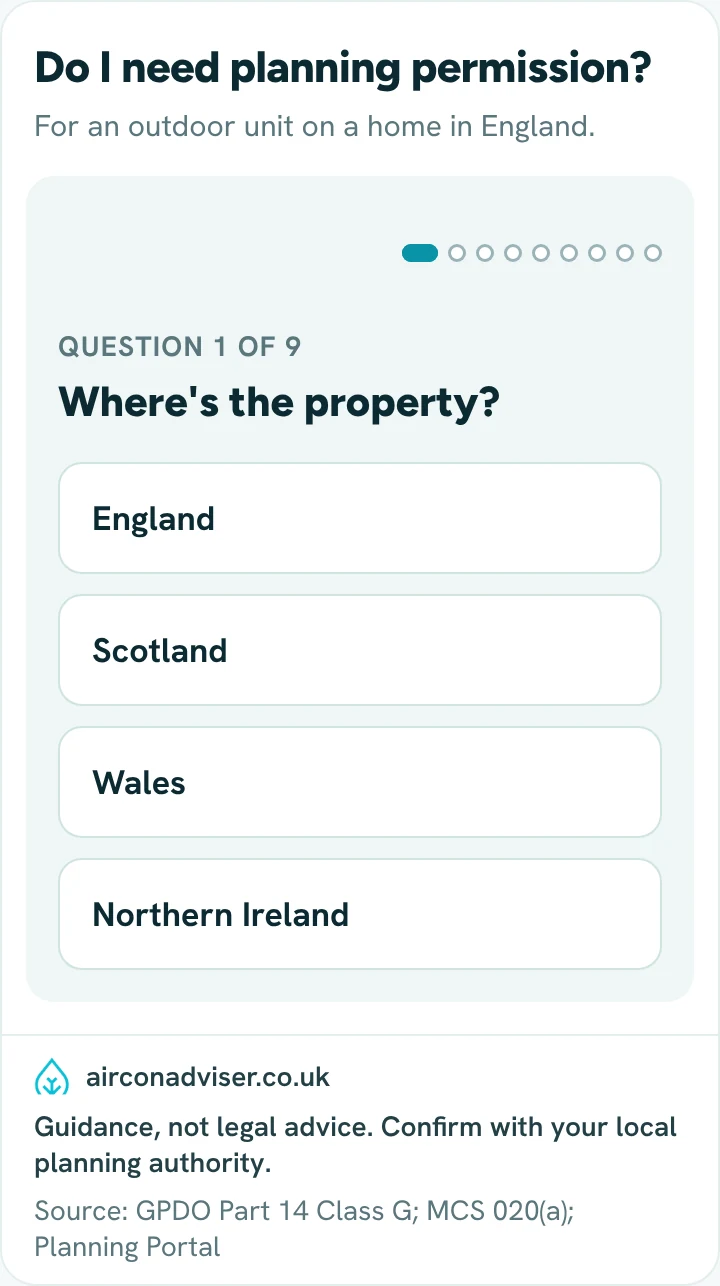 A step-by-step checker for whether an air con outdoor unit on a home in England needs planning permission.
